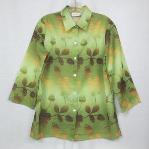 New Alfred Dunner Green Gold Brown Floral Semi Sheer 3/4 Sleeve Shacket